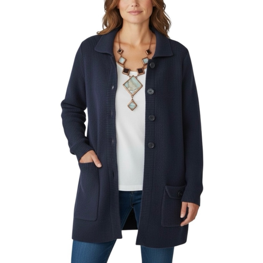 Tommy Hilfiger Dark Blue Heavy Knit Cardigan L Button Front Cotton Sweater